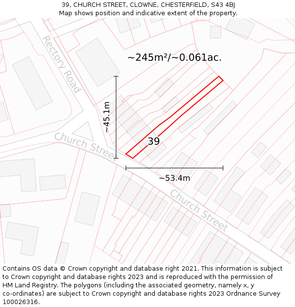 39, CHURCH STREET, CLOWNE, CHESTERFIELD, S43 4BJ: Plot and title map