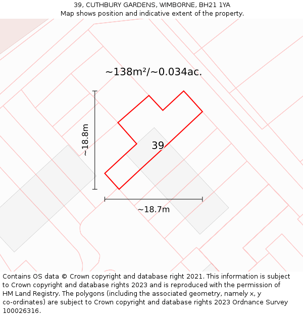 39, CUTHBURY GARDENS, WIMBORNE, BH21 1YA: Plot and title map