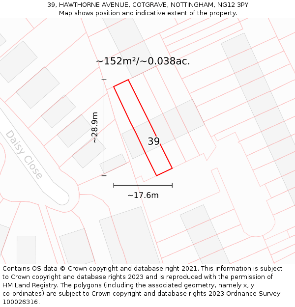 39, HAWTHORNE AVENUE, COTGRAVE, NOTTINGHAM, NG12 3PY: Plot and title map