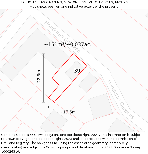 39, HONDURAS GARDENS, NEWTON LEYS, MILTON KEYNES, MK3 5LY: Plot and title map