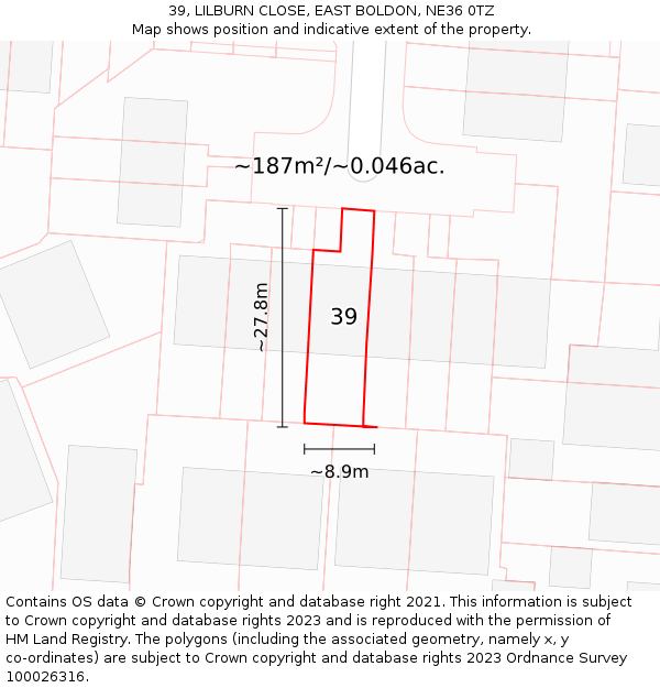 39, LILBURN CLOSE, EAST BOLDON, NE36 0TZ: Plot and title map
