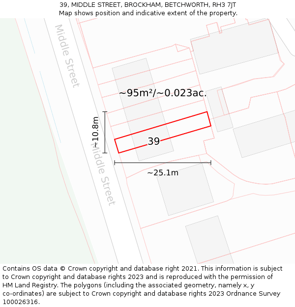 39, MIDDLE STREET, BROCKHAM, BETCHWORTH, RH3 7JT: Plot and title map