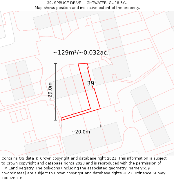 39, SPRUCE DRIVE, LIGHTWATER, GU18 5YU: Plot and title map