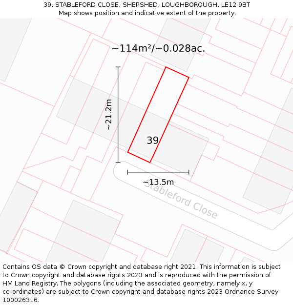 39, STABLEFORD CLOSE, SHEPSHED, LOUGHBOROUGH, LE12 9BT: Plot and title map