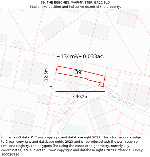 39, THE BEECHES, WARMINSTER, BA12 8LD: Plot and title map