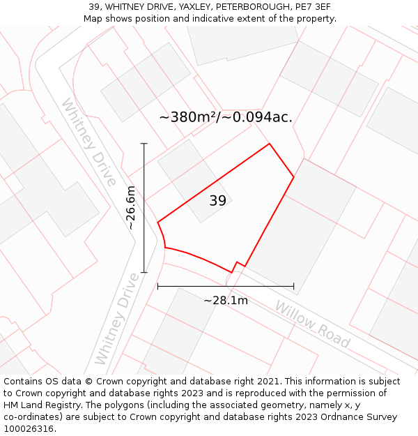 39, WHITNEY DRIVE, YAXLEY, PETERBOROUGH, PE7 3EF: Plot and title map