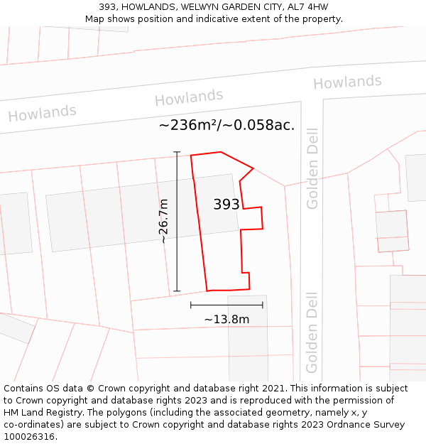 393, HOWLANDS, WELWYN GARDEN CITY, AL7 4HW: Plot and title map