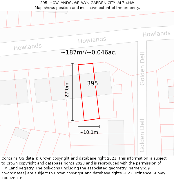 395, HOWLANDS, WELWYN GARDEN CITY, AL7 4HW: Plot and title map