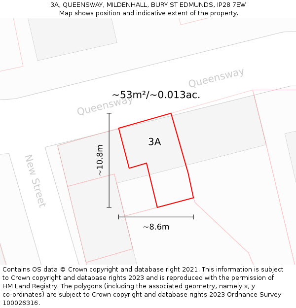 3A, QUEENSWAY, MILDENHALL, BURY ST EDMUNDS, IP28 7EW: Plot and title map