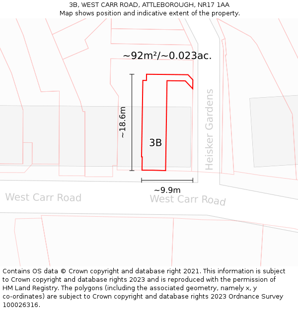 3B, WEST CARR ROAD, ATTLEBOROUGH, NR17 1AA: Plot and title map