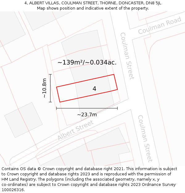 4, ALBERT VILLAS, COULMAN STREET, THORNE, DONCASTER, DN8 5JL: Plot and title map