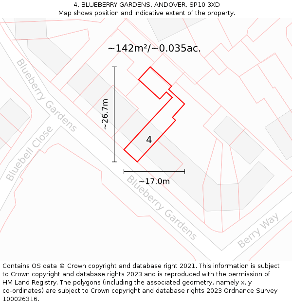 4, BLUEBERRY GARDENS, ANDOVER, SP10 3XD: Plot and title map