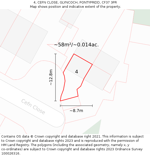 4, CEFN CLOSE, GLYNCOCH, PONTYPRIDD, CF37 3PR: Plot and title map