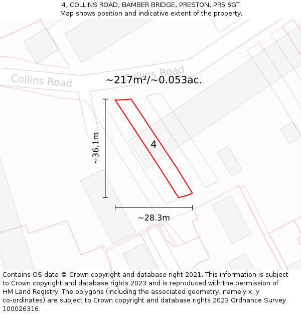 4, COLLINS ROAD, BAMBER BRIDGE, PRESTON, PR5 6GT: Plot and title map