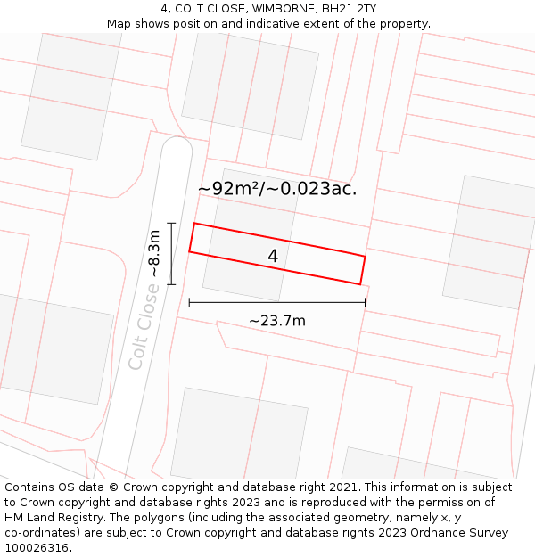 4, COLT CLOSE, WIMBORNE, BH21 2TY: Plot and title map