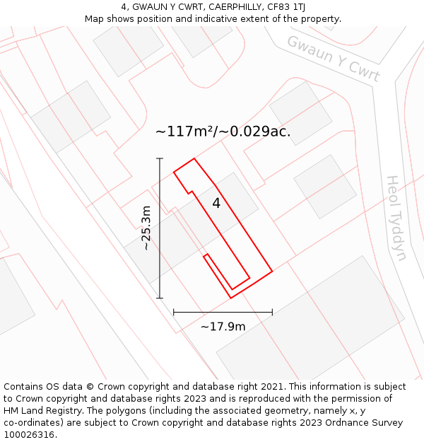 4, GWAUN Y CWRT, CAERPHILLY, CF83 1TJ: Plot and title map