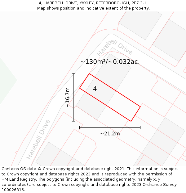 4, HAREBELL DRIVE, YAXLEY, PETERBOROUGH, PE7 3UL: Plot and title map