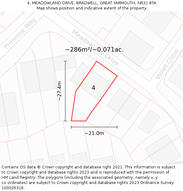 4, MEADOWLAND DRIVE, BRADWELL, GREAT YARMOUTH, NR31 8TA: Plot and title map