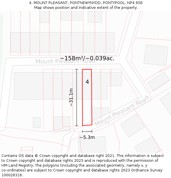 4, MOUNT PLEASANT, PONTNEWYNYDD, PONTYPOOL, NP4 6SE: Plot and title map