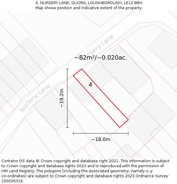 4, NURSERY LANE, QUORN, LOUGHBOROUGH, LE12 8BH: Plot and title map
