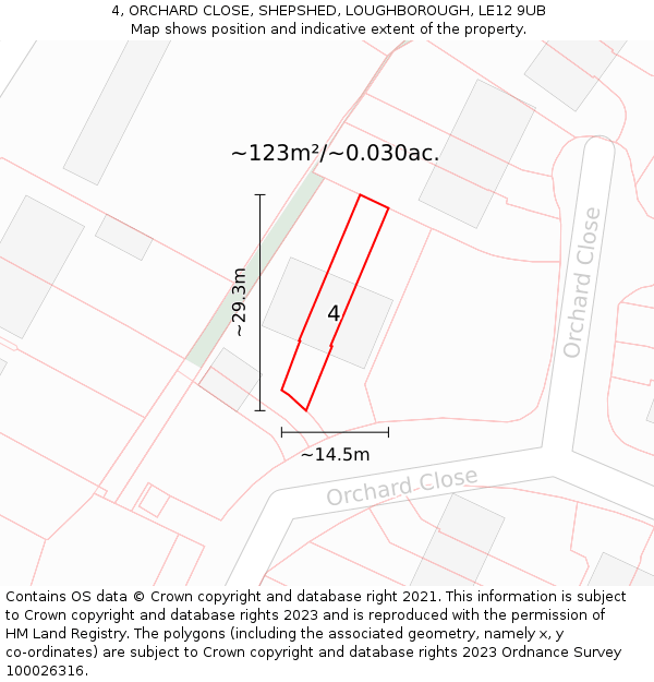 4, ORCHARD CLOSE, SHEPSHED, LOUGHBOROUGH, LE12 9UB: Plot and title map