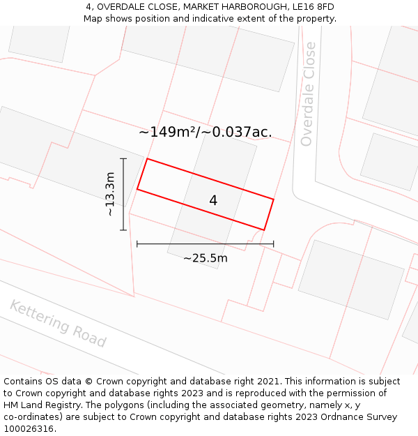 4, OVERDALE CLOSE, MARKET HARBOROUGH, LE16 8FD: Plot and title map