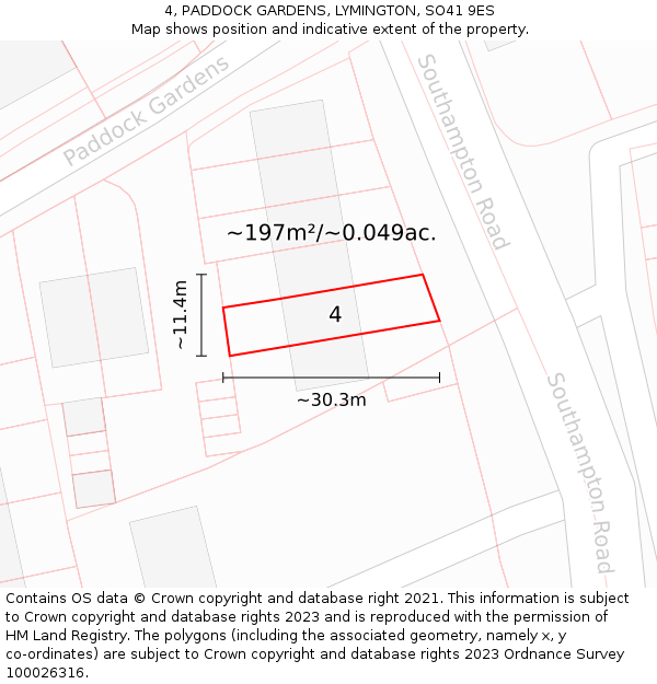 4, PADDOCK GARDENS, LYMINGTON, SO41 9ES: Plot and title map