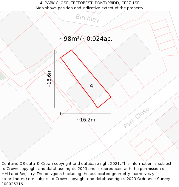 4, PARK CLOSE, TREFOREST, PONTYPRIDD, CF37 1SE: Plot and title map