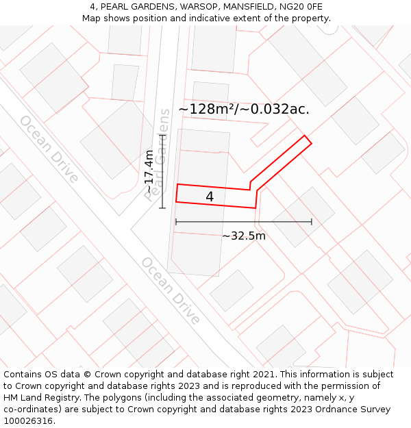 4, PEARL GARDENS, WARSOP, MANSFIELD, NG20 0FE: Plot and title map