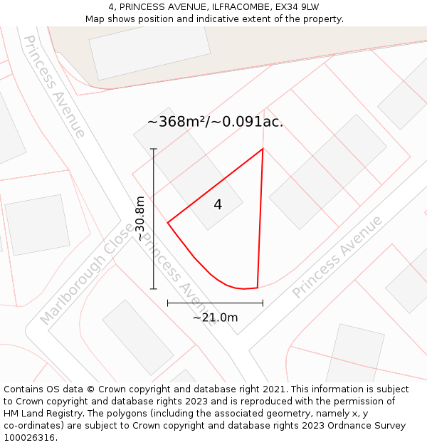 4, PRINCESS AVENUE, ILFRACOMBE, EX34 9LW: Plot and title map