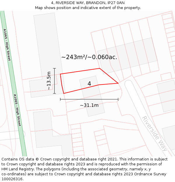 4, RIVERSIDE WAY, BRANDON, IP27 0AN: Plot and title map