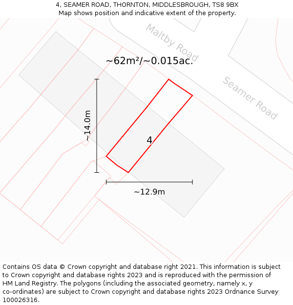 4, SEAMER ROAD, THORNTON, MIDDLESBROUGH, TS8 9BX: Plot and title map