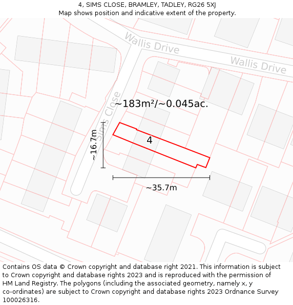 4, SIMS CLOSE, BRAMLEY, TADLEY, RG26 5XJ: Plot and title map