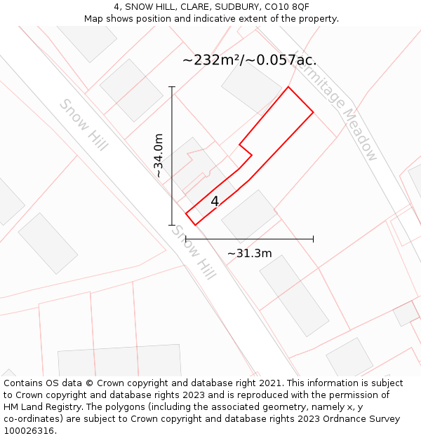 4, SNOW HILL, CLARE, SUDBURY, CO10 8QF: Plot and title map