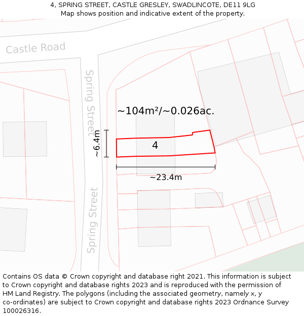 4, SPRING STREET, CASTLE GRESLEY, SWADLINCOTE, DE11 9LG: Plot and title map