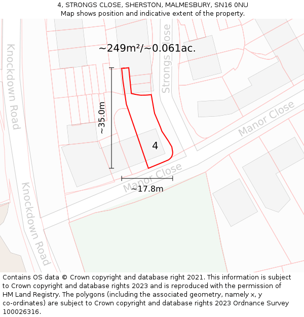 4, STRONGS CLOSE, SHERSTON, MALMESBURY, SN16 0NU: Plot and title map