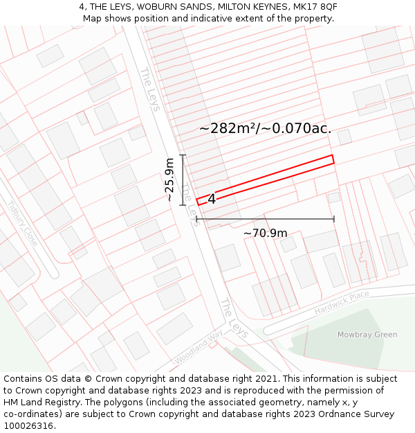 4, THE LEYS, WOBURN SANDS, MILTON KEYNES, MK17 8QF: Plot and title map