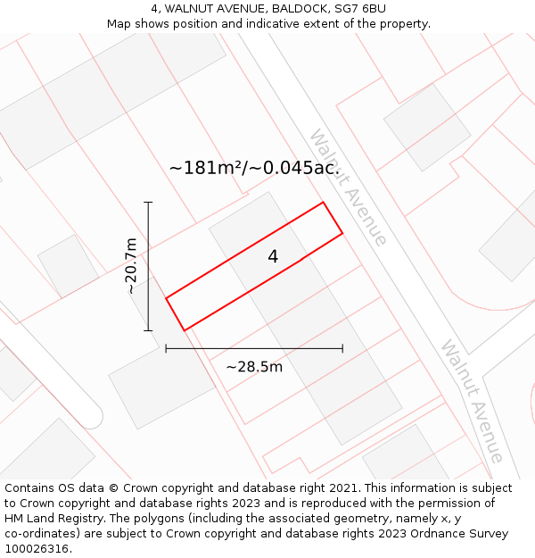 4, WALNUT AVENUE, BALDOCK, SG7 6BU: Plot and title map