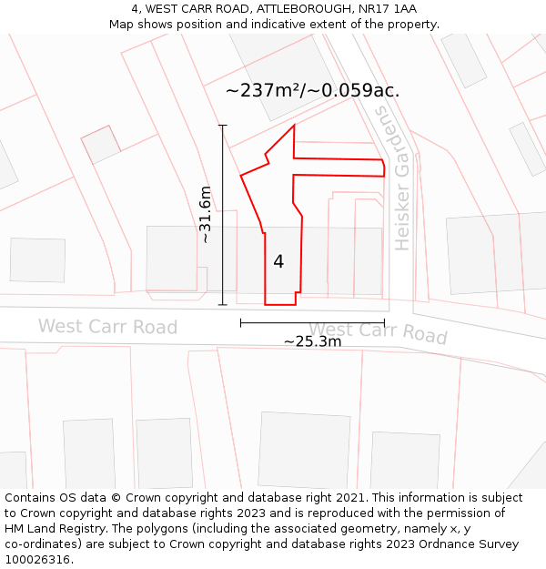 4, WEST CARR ROAD, ATTLEBOROUGH, NR17 1AA: Plot and title map
