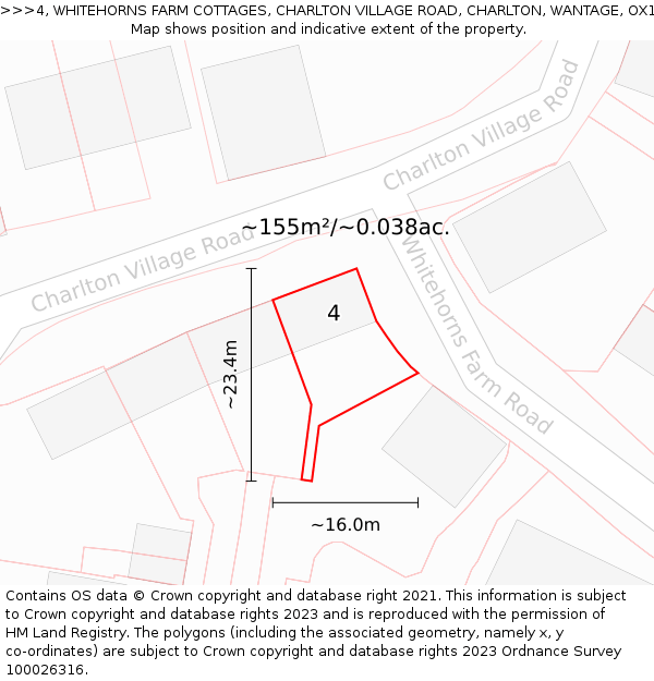 4, WHITEHORNS FARM COTTAGES, CHARLTON VILLAGE ROAD, CHARLTON, WANTAGE, OX12 7HW: Plot and title map