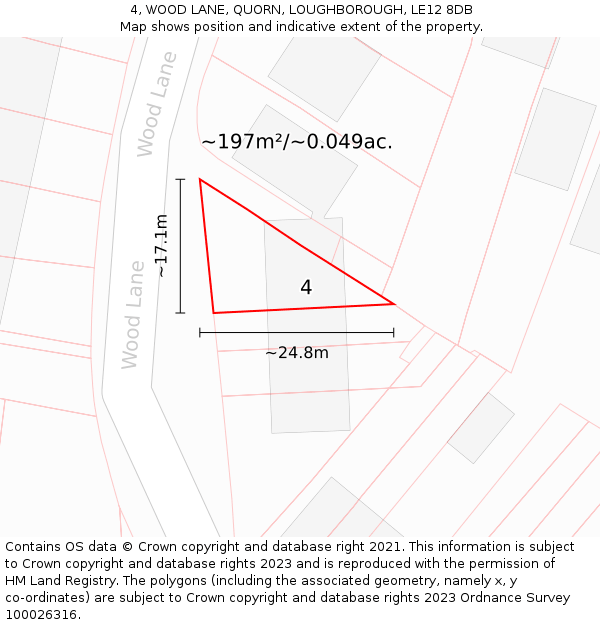 4, WOOD LANE, QUORN, LOUGHBOROUGH, LE12 8DB: Plot and title map