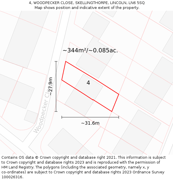 4, WOODPECKER CLOSE, SKELLINGTHORPE, LINCOLN, LN6 5SQ: Plot and title map