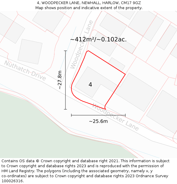 4, WOODPECKER LANE, NEWHALL, HARLOW, CM17 9GZ: Plot and title map