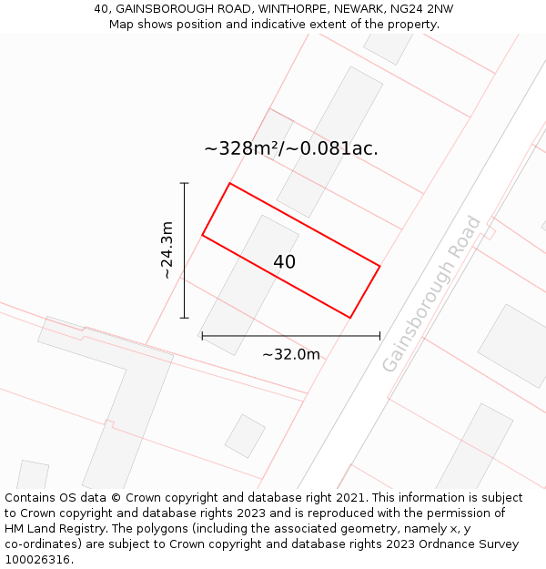 40, GAINSBOROUGH ROAD, WINTHORPE, NEWARK, NG24 2NW: Plot and title map