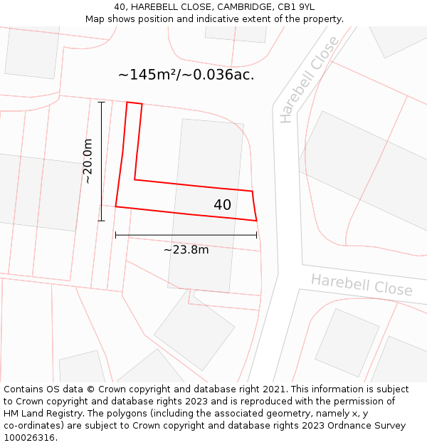 40, HAREBELL CLOSE, CAMBRIDGE, CB1 9YL: Plot and title map