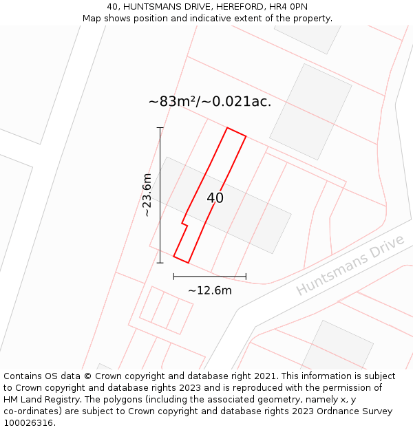 40, HUNTSMANS DRIVE, HEREFORD, HR4 0PN: Plot and title map
