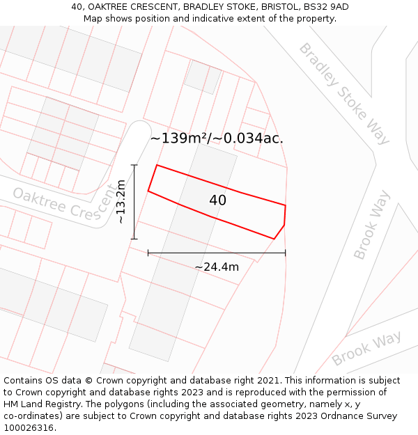 40, OAKTREE CRESCENT, BRADLEY STOKE, BRISTOL, BS32 9AD: Plot and title map