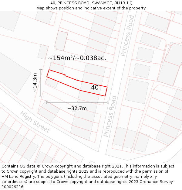40, PRINCESS ROAD, SWANAGE, BH19 1JQ: Plot and title map