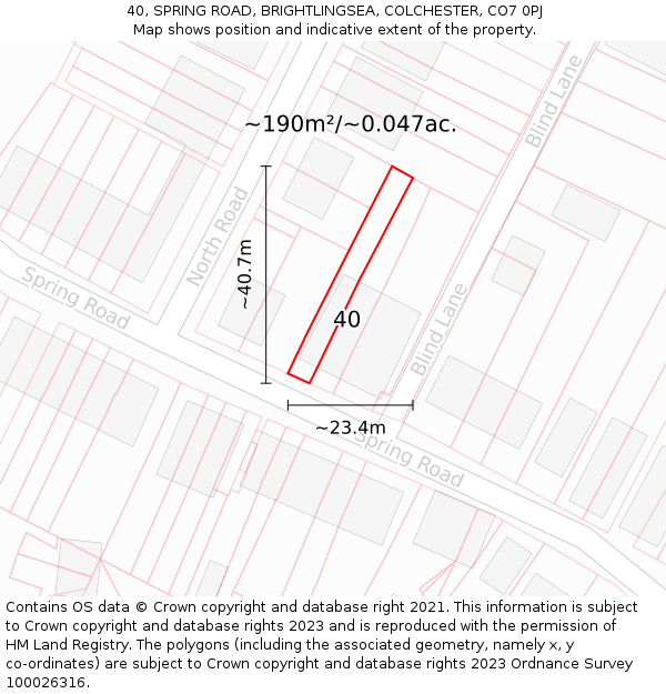 40, SPRING ROAD, BRIGHTLINGSEA, COLCHESTER, CO7 0PJ: Plot and title map