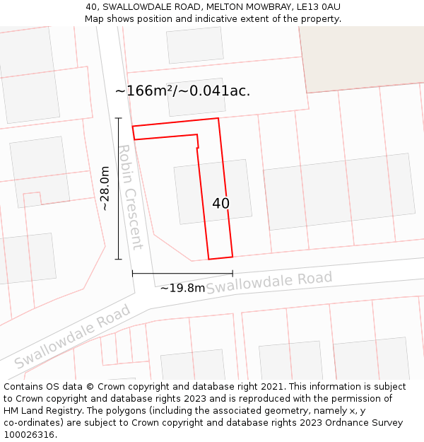 40, SWALLOWDALE ROAD, MELTON MOWBRAY, LE13 0AU: Plot and title map